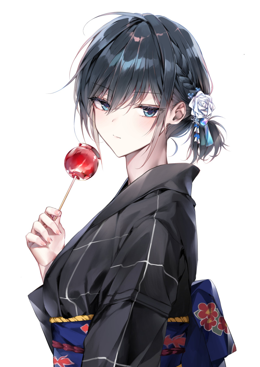 1girl absurdres ahoge animal_print aqua_ribbon bangs bara_(03_bara_) black_hair black_kimono blue_eyes blush braid breasts candy_apple commentary_request fingernails fish_print floral_print flower food from_side hair_between_eyes hair_flower hair_ornament hair_ribbon hand_up highres holding holding_food japanese_clothes kimono long_sleeves looking_at_viewer looking_to_the_side obi original pink_nails ribbon rose sash side_braid side_ponytail simple_background solo upper_body white_background white_flower white_rose yokoyama_ishimi yukata
