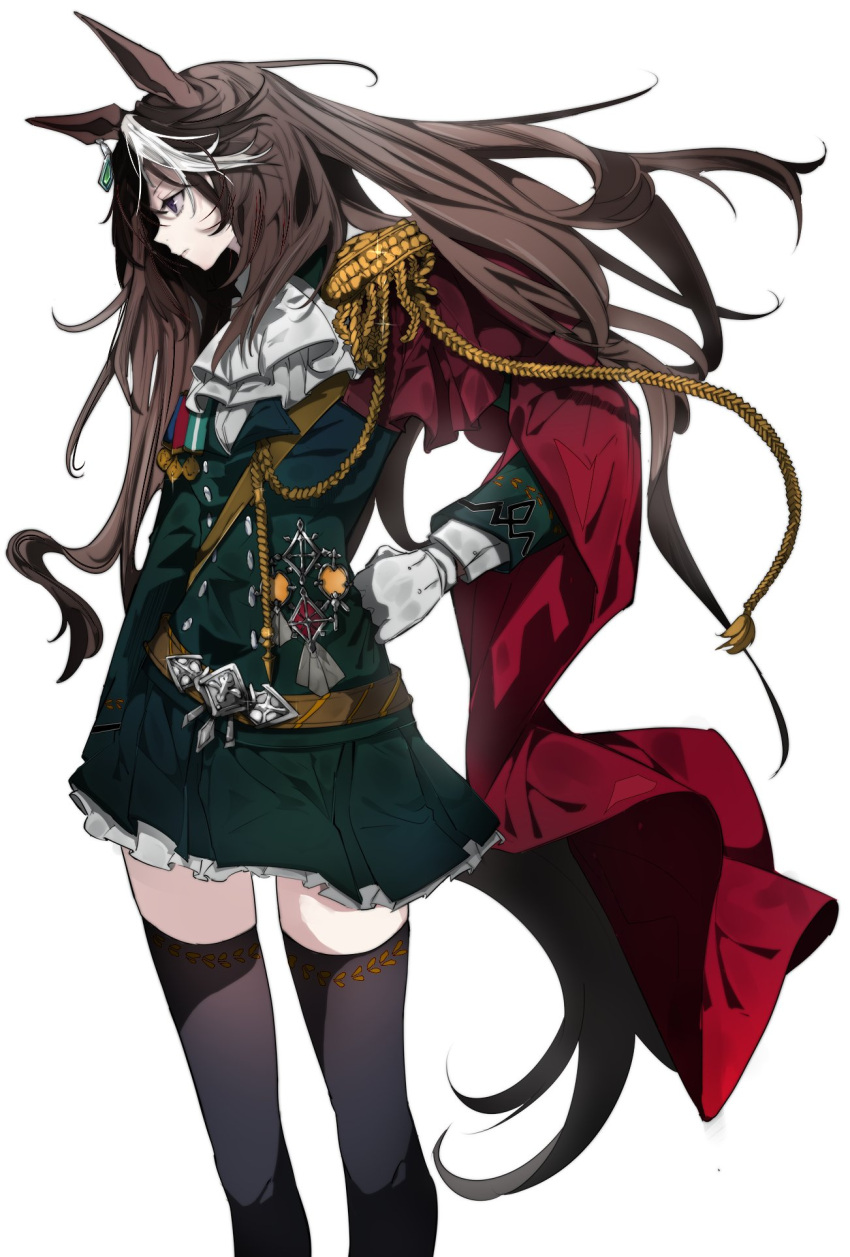 1girl animal_ears arm_at_side belt black_legwear brown_hair cape coat earrings epaulettes feet_out_of_frame floating_hair glint gloves green_coat hand_on_hip head_down highres horse_ears horse_girl horse_tail ikurauni jabot jewelry long_hair long_sleeves looking_to_the_side medal multicolored_hair profile red_cape simple_background single_earring single_epaulette solo standing symboli_rudolf_(umamusume) tail thigh-highs umamusume white_background white_gloves