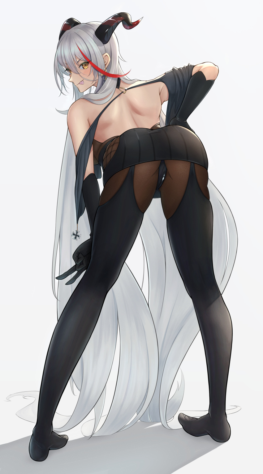 1girl absurdres aegir_(azur_lane) ass azur_lane bangs bare_back black_dress black_gloves black_legwear blush closed_mouth demon_horns dress elbow_gloves eyebrows_visible_through_hair full_body gloves hand_on_hip highres horns leaning_forward long_hair looking_at_viewer looking_back multicolored_hair no_shoes panties panties_under_pantyhose pantyhose ropi_(yyuichi29) silver_hair smile solo standing tongue tongue_out underwear v very_long_hair white_background yellow_eyes