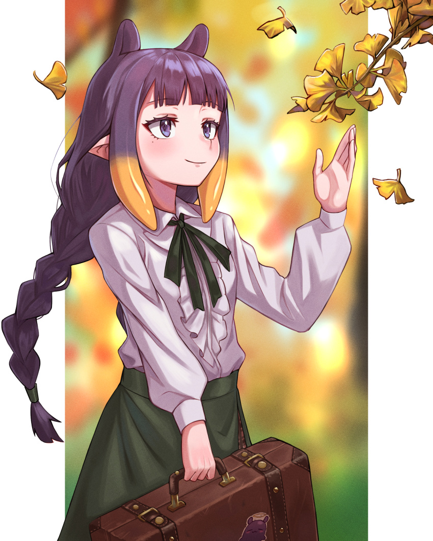 1girl absurdres blouse braid briefcase ginkgo green_skirt highres holding holding_briefcase hololive hololive_english kiwwwwwi mole mole_under_eye ninomae_ina'nis pointy_ears skirt smile tentacle_hair virtual_youtuber white_blouse