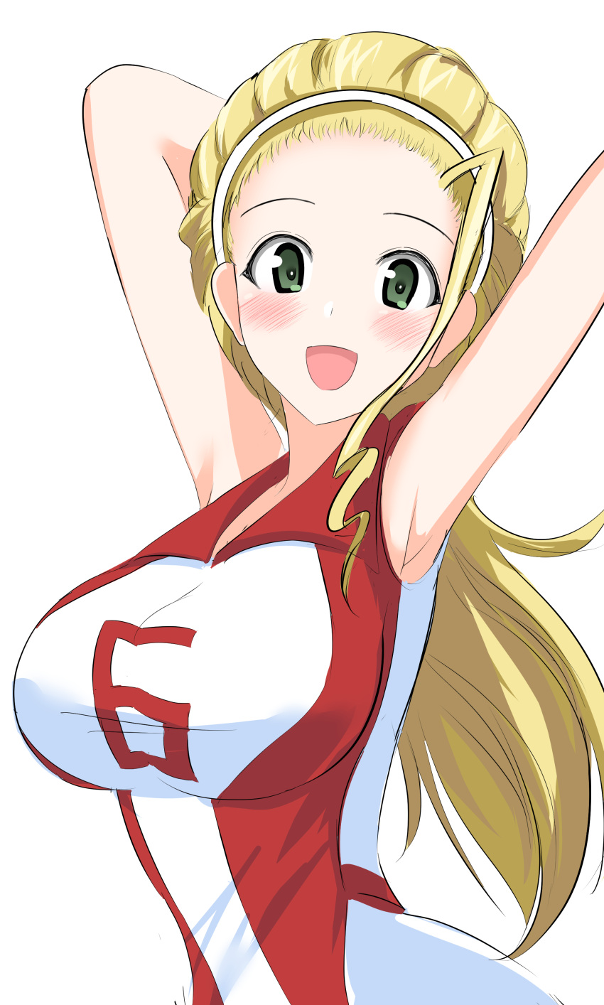 1girl :d absurdres aikir_(jml5160) arm_behind_head armpits arms_up blonde_hair breasts brown_eyes commentary girls_und_panzer hair_pulled_back hairband highres large_breasts long_hair looking_at_viewer open_mouth ponytail red_shirt sasaki_akebi shirt simple_background sleeveless sleeveless_shirt smile solo sportswear upper_body volleyball_uniform white_background white_hairband