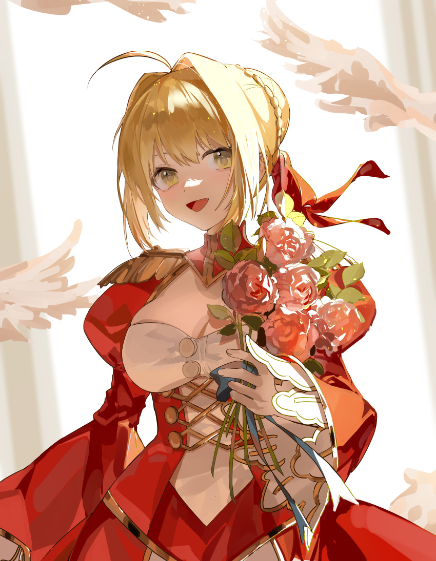 17685780wer 1girl ahoge blonde_hair blurry braid breasts cleavage commentary_request corset dress epaulettes fate/extra fate/grand_order fate_(series) flower french_braid green_eyes hair_flower hair_intakes hair_ornament hair_ribbon highres juliet_sleeves large_breasts long_sleeves looking_at_viewer nero_claudius_(fate) nero_claudius_(fate)_(all) ocean petals puffy_sleeves red_dress red_ribbon ribbon saber_extra see-through short_hair smile solo wide_sleeves
