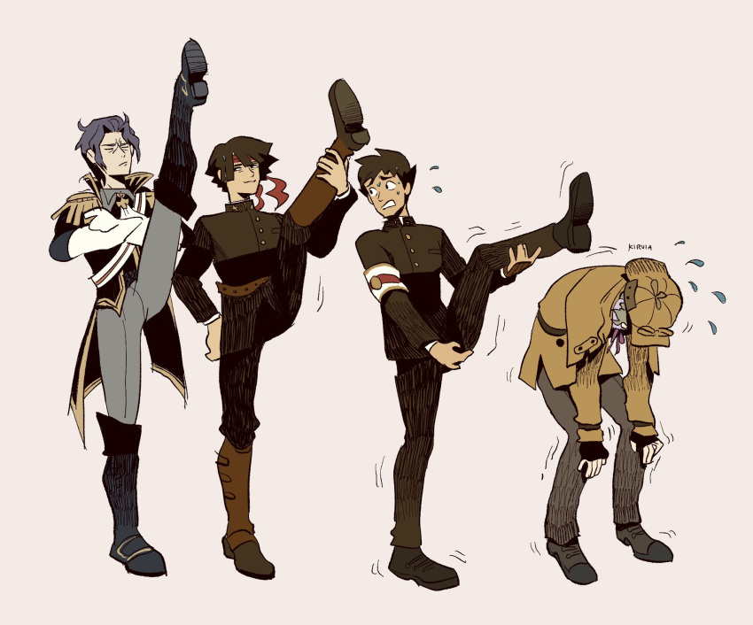 4boys ace_attorney barok_van_zieks black_footwear black_hair boots fingerless_gloves gloves hat herlock_sholmes highres japanese_clothes kazuma_asogi kirvias_(kirvia) leg_up multiple_boys ryunosuke_naruhodo short_hair simple_background the_great_ace_attorney