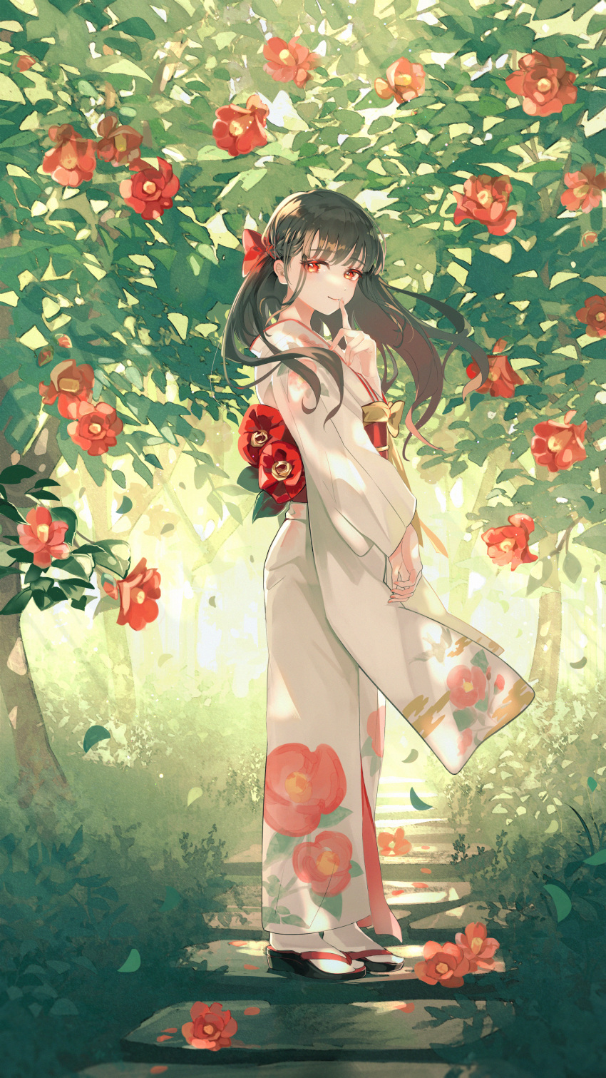 1girl absurdres bangs black_hair bow day finger_to_mouth floral_print flower full_body hair_bow highres index_finger_raised japanese_clothes kimono leaf long_hair long_sleeves looking_at_viewer original outdoors red_bow red_eyes sandals scenery standing sunlight toumin_(onemunemu99) white_kimono white_legwear