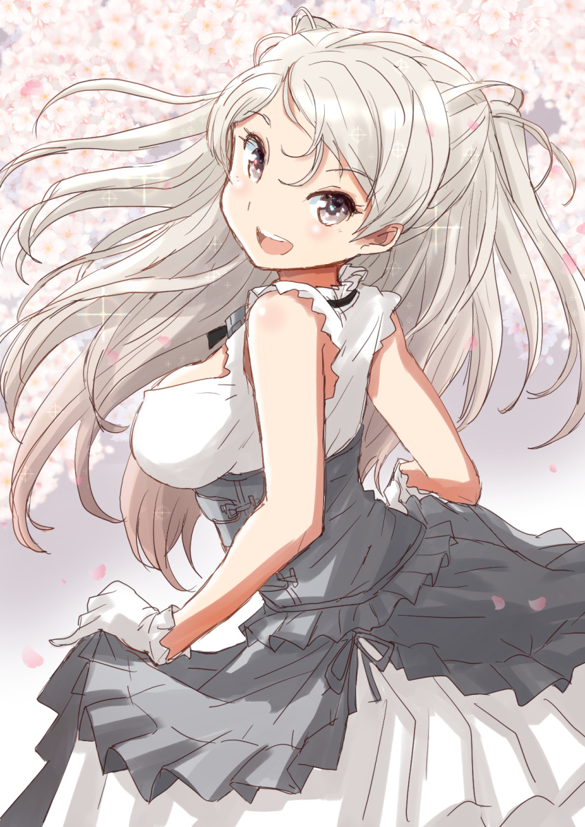 1girl breasts conte_di_cavour_(kancolle) conte_di_cavour_nuovo_(kancolle) dress frilled_dress frills fuji_(pixiv24804665) gloves grey_dress grey_eyes highres kantai_collection large_breasts layered_dress long_hair looking_at_viewer looking_back silver_hair sleeveless sleeveless_dress smile solo two-tone_dress two_side_up white_dress white_gloves