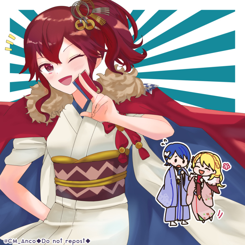 1boy 2girls alfonse_(fire_emblem) anna_(fire_emblem) bangs blonde_hair blue_hair blush cm_anco fire_emblem fire_emblem_heroes hair_ornament jacket jacket_on_shoulders japanese_clothes kimono looking_at_viewer multiple_girls official_alternate_costume one_eye_closed open_mouth ponytail red_eyes redhead sharena_(fire_emblem) side_ponytail twitter_username