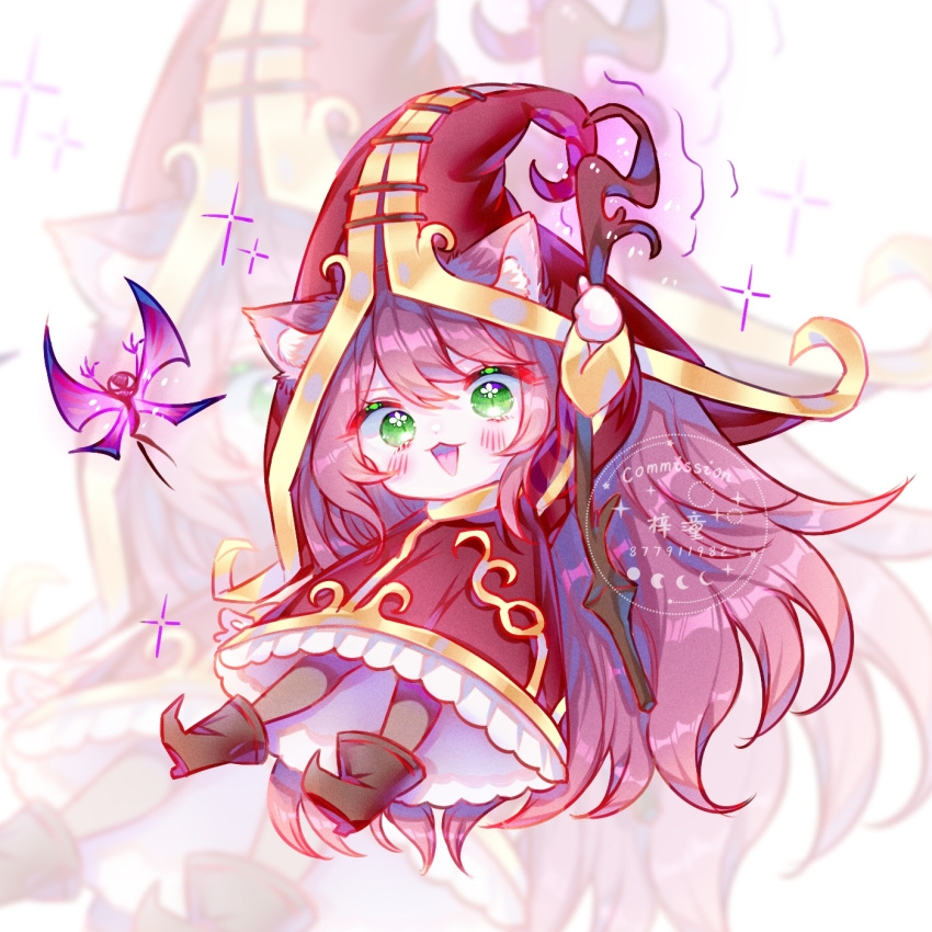 1girl :d animal_ear_fluff bangs blush brown_footwear dress eyebrows_visible_through_hair fairy green_eyes highres holding holding_staff league_of_legends long_hair long_sleeves looking_at_viewer lulu_(league_of_legends) pantyhose pink_hair pix_(league_of_legends) red_dress red_headwear shiny shiny_hair shito_neko_(zitonger) smile sparkle staff tongue watermark wings yordle