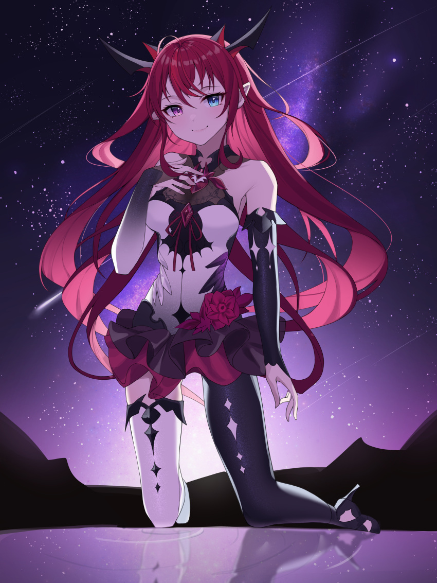 1girl absurdres asymmetrical_gloves asymmetrical_legwear bangs bare_shoulders blue_eyes breasts bridal_gauntlets commentary elbow_gloves full_body gloves hair_between_eyes hand_on_own_chest heterochromia high_heels highres hololive hololive_english horns irys_(hololive) kneeling long_hair looking_at_viewer medium_breasts mismatched_gloves multiple_horns pointy_ears redhead shooting_star sky smile solo star_(sky) starry_sky very_long_hair violet_eyes virtual_youtuber woogi