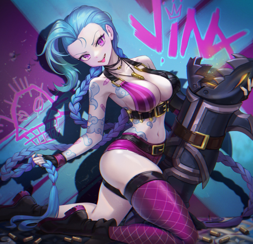 1girl :d absurdres ammunition arcane:_league_of_legends arm_tattoo bare_arms bare_shoulders belt belt_buckle bikini bikini_top_only black_choker black_footwear black_gloves black_nails blue_hair boots braid breasts buckle character_name choker collarbone dalcong fingerless_gloves forehead gloves gradient_hair graffiti gun highres holding holding_hair holding_weapon jewelry jinx_(league_of_legends) knee_boots kneeling large_breasts league_of_legends long_hair looking_at_viewer multicolored_bikini multicolored_clothes multicolored_hair nail_polish navel necklace open_mouth purple_hair purple_legwear purple_shorts short_shorts shorts single_thighhigh skindentation smile solo stomach swimsuit tattoo thigh-highs tongue tongue_out twin_braids v-shaped_eyebrows very_long_hair violet_eyes weapon