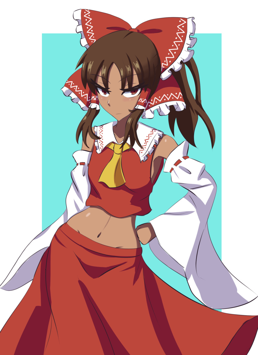 1girl alternate_skin_color aohadapeach aqua_background ascot bangs border bow brown_eyes brown_hair closed_mouth dark-skinned_female dark_skin detached_sleeves english_commentary eyebrows_visible_through_hair groin hair_bow hair_tubes hakurei_reimu hand_on_hip highres looking_at_viewer medium_hair midriff navel nontraditional_miko red_bow red_shirt red_skirt ribbon-trimmed_sleeves ribbon_trim shirt simple_background skirt solo standing touhou white_border wide_sleeves yellow_ascot