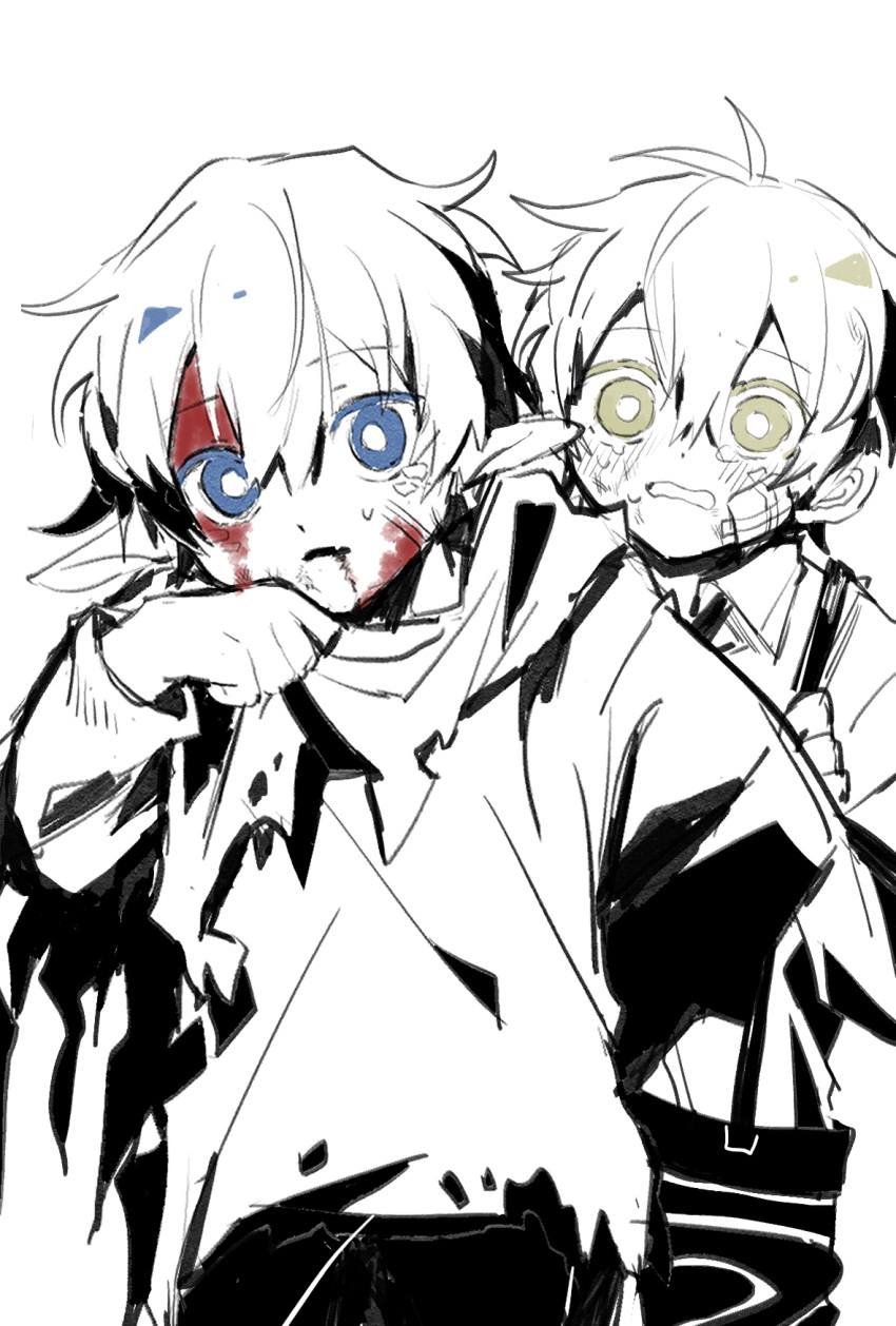 2897419513 2boys arknights bandages bandaid bishounen blood blue_eyes child cowboy_shot faust_(arknights) highres male_focus mephisto_(arknights) multiple_boys pointy_ears shirt short_hair shorts sketch suspenders torn_clothes yellow_eyes