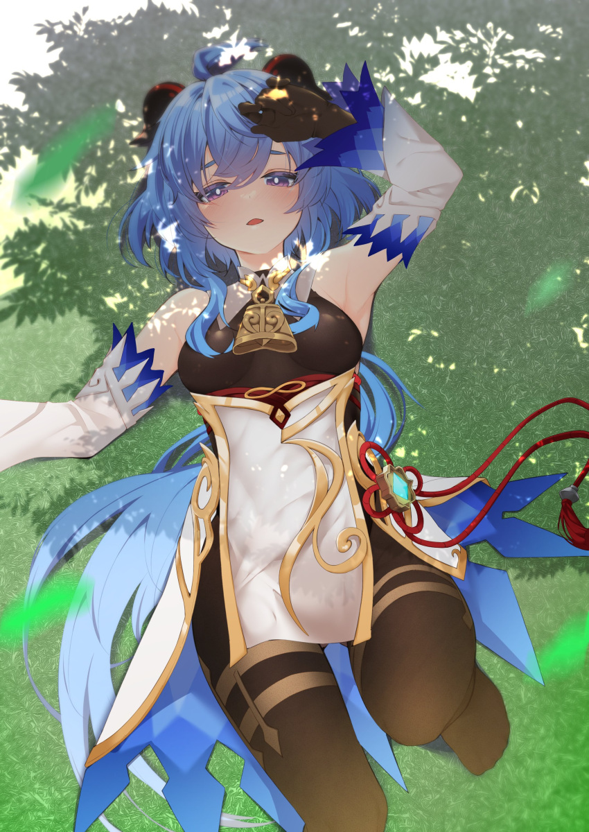 1girl absurdres ahoge armpits arms_up ass_visible_through_thighs bangs bare_shoulders bell black_gloves black_legwear blue_hair blush breasts chinese_knot detached_sleeves flower_knot ganyu_(genshin_impact) genshin_impact gloves gold_trim grass hand_on_own_face highres knee_up long_hair looking_at_viewer lying medium_breasts neck_bell nigo_(aozoragarou) no_shoes on_back outdoors parted_lips pelvic_curtain red_rope rope sidelocks solo tassel thighlet thighs tree_shade violet_eyes vision_(genshin_impact) waist_cape white_sleeves