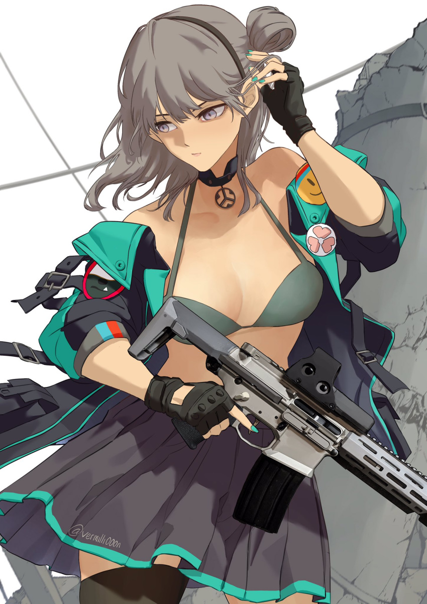 1girl aqua_nails bangs black_gloves black_jacket black_legwear black_skirt bra bra_strap closed_mouth eyebrows_visible_through_hair feet_out_of_frame fingerless_gloves girls_frontline gloves green_bra grey_hair gun hairband hand_in_hair highres holding holding_gun holding_weapon honey_badger_(girls'_frontline) honey_badger_(gun) jacket jacket_pull jewelry light_purple_eyes lips long_hair looking_down multicolored_clothes multicolored_jacket nail_polish necklace side_bun simple_background skirt solo standing thigh-highs twitter_username underwear vermilli000n weapon