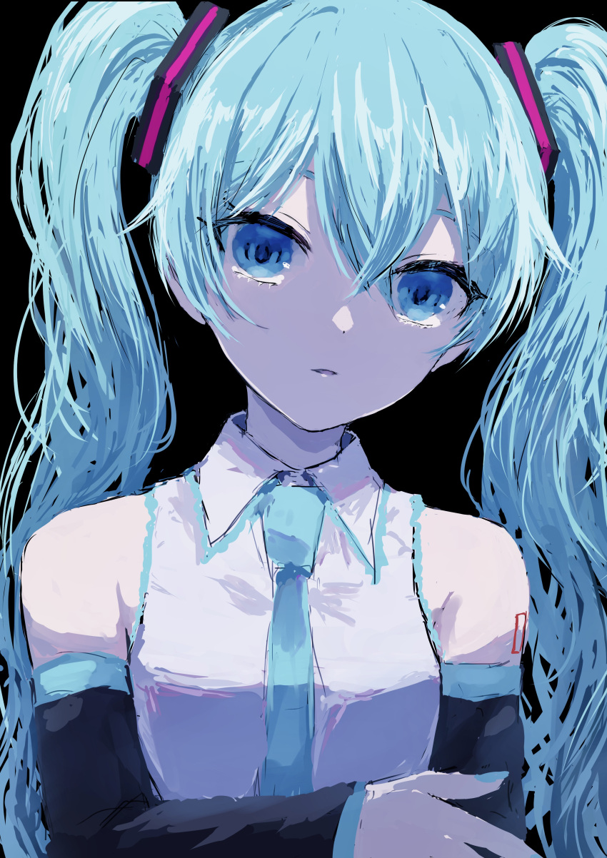 1girl absurdres bangs black_background black_sleeves blue_eyes blue_hair blue_nails blue_necktie collared_shirt detached_sleeves hair_between_eyes hatsune_miku highres long_hair looking_at_viewer nail_polish necktie parted_lips saikisaika shiny shiny_hair shirt simple_background sketch sleeveless sleeveless_shirt solo twintails upper_body very_long_hair vocaloid white_shirt wing_collar