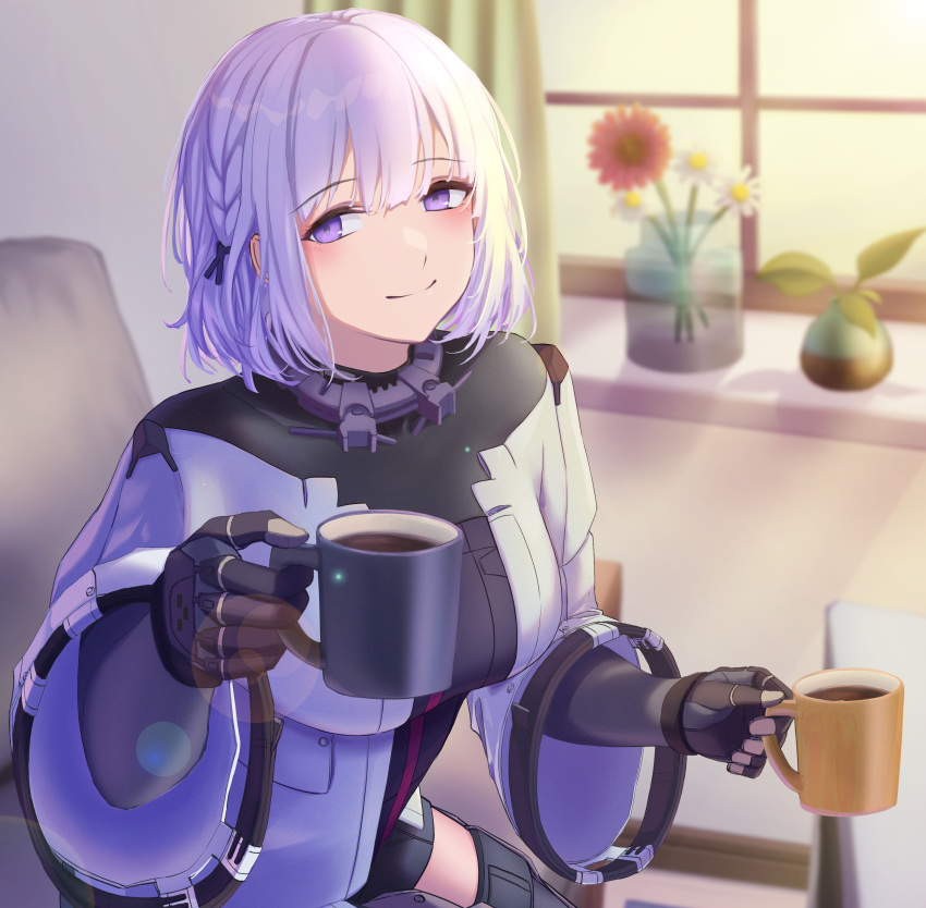 1girl 3_small_spiders absurdres bangs black_bodysuit black_gloves blush bodysuit closed_mouth coffee_cup cup disposable_cup elbow_gloves eyebrows_visible_through_hair flower girls_frontline gloves highres holding holding_cup looking_at_viewer revision rpk-16_(girls'_frontline) short_hair silver_hair simple_background smile solo tactical_clothes upper_body vase violet_eyes window
