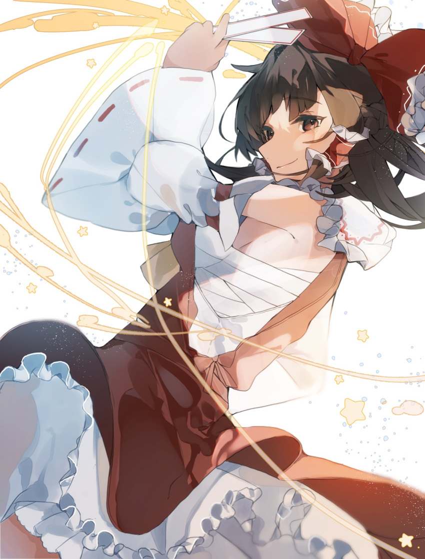 1girl arm_up ascot bandages bangs bare_shoulders black_hair bloomers bow braid breasts brown_dress brown_eyes closed_mouth collared_dress commentary_request detached_sleeves dress eyebrows_visible_through_hair frills gominami hair_bow hair_ornament hair_tubes hakurei_reimu hand_up highres long_sleeves looking_at_viewer medium_breasts ofuda red_bow sarashi short_hair smile solo standing star_(symbol) touhou underwear white_background wide_sleeves yellow_ascot