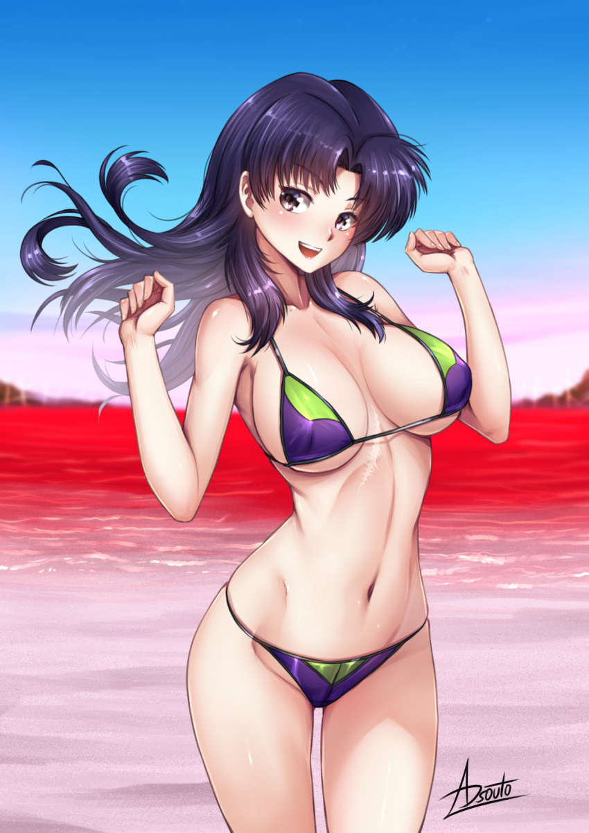 1girl :d adsouto bangs breasts brown_eyes cowboy_shot floating_hair hands_up highres katsuragi_misato large_breasts long_hair navel neon_genesis_evangelion ocean open_mouth purple_hair sand scar scar_on_chest signature skindentation sky smile solo stomach