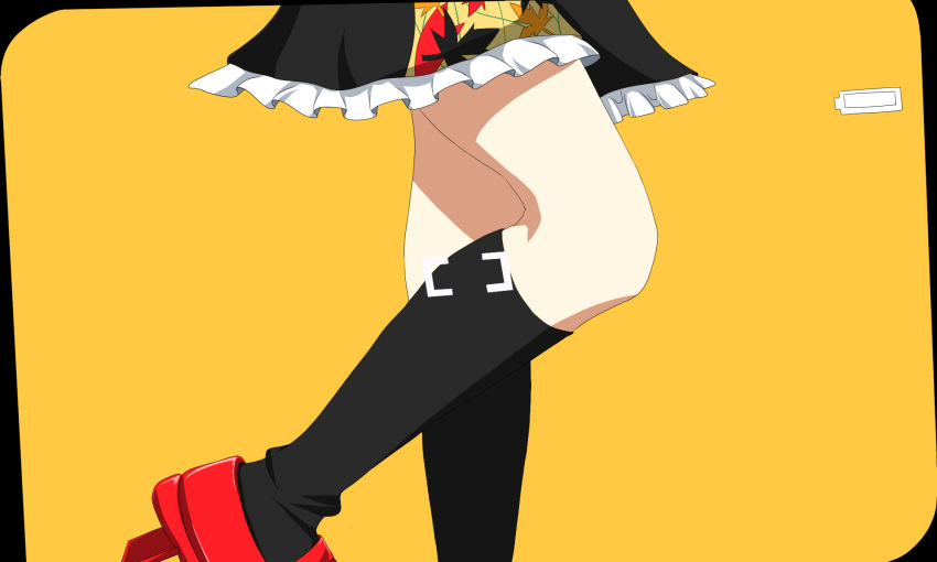 1girl black_legwear black_skirt commentary_request evandragon foot_out_of_frame frilled_skirt frills geta highres kneehighs leaf-pattern_stripe lower_body red_footwear shameimaru_aya simple_background skirt tengu-geta thighs touhou white_background