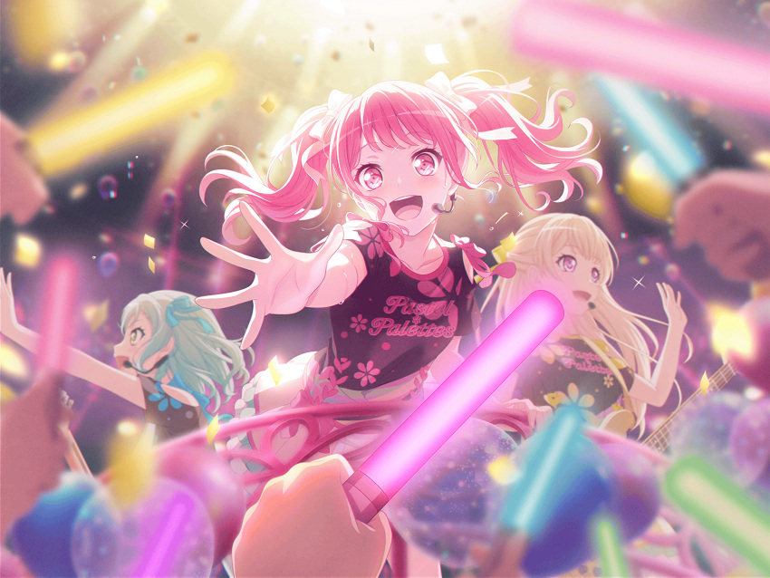 3girls bang_dream! black_shirt blonde_hair concert confetti flower glowstick green_eyes green_hair guitar hands_up hikawa_hina holding indoors long_hair looking_at_another looking_at_viewer maruyama_aya microphone official_art pink_eyes pink_hair purple_eyes shirasagi_chisato short_hair smile stage stage_lights standing sweat sweating_profusely twintails waving