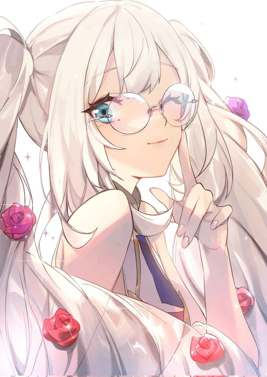 1girl bare_shoulders blue_eyes closed_mouth fate/grand_order fate_(series) flower glasses hair_flower hair_ornament highres light_blush light_smile long_hair looking_at_viewer marie_antoinette_(fate) no-kan no_hat no_headwear one_eye_closed red_flower silver_hair simple_background sleeveless solo sparkle twintails very_long_hair white_background
