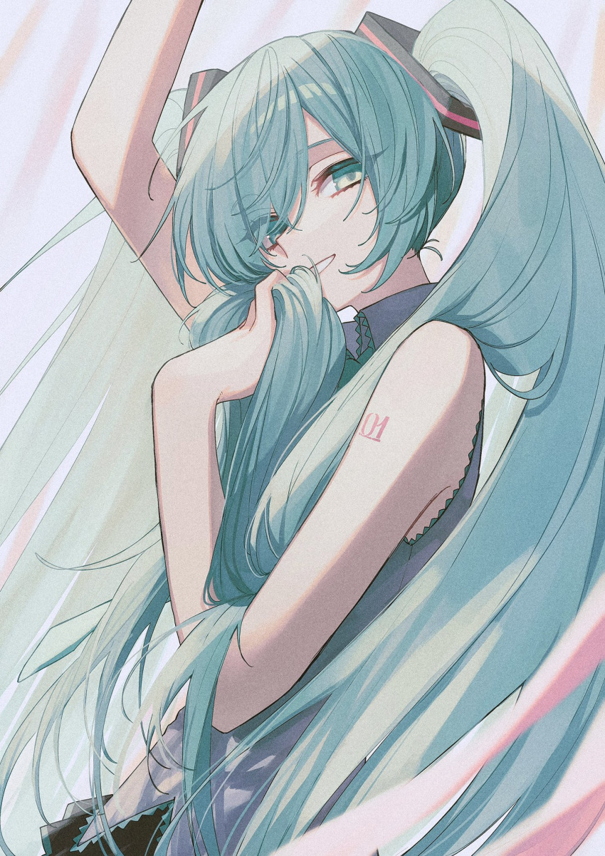1girl aqua_eyes aqua_hair arm_up bare_arms black_skirt collared_shirt eyebrows_visible_through_hair eyes_visible_through_hair floating_hair grey_shirt hair_over_one_eye hair_over_shoulder half-closed_eyes hand_to_own_mouth hand_up hatsune_miku highres holding holding_hair itou_(very_ito) light_smile long_hair looking_at_viewer muted_color number_tattoo parted_lips pleated_skirt shirt shoulder_tattoo sidelighting skinny skirt sleeveless sleeveless_shirt solo tattoo tsurime twintails upper_body very_long_hair vocaloid