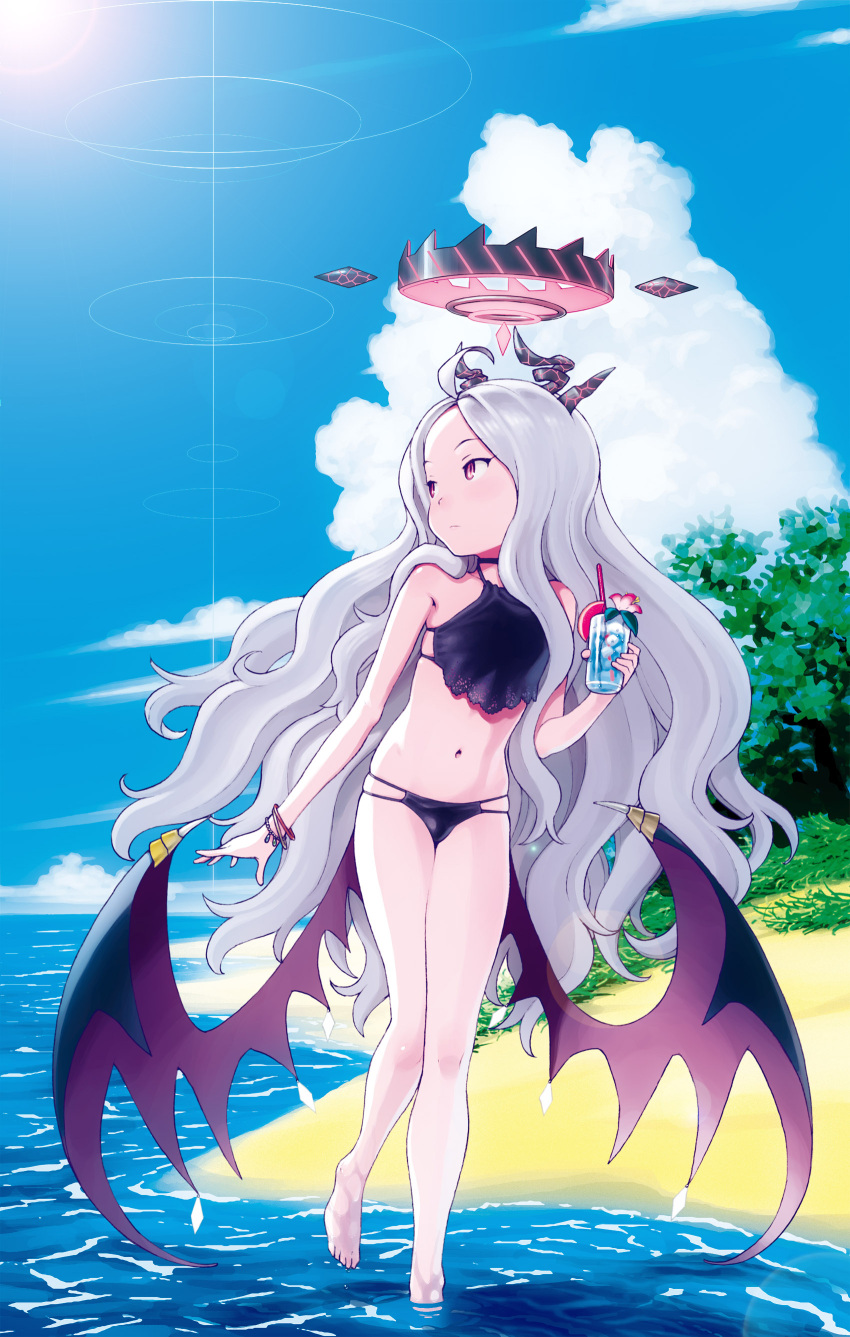 1girl absurdres ahoge backlighting bangs bare_shoulders beach bikini black_bikini blue_archive blue_sky clouds cocktail cup demon_horns demon_wings drinking_glass drinking_straw full_body halo highres hijiri_rei hina_(blue_archive) horns long_hair looking_back looking_to_the_side low_wings mechanical_halo multi-strapped_bikini navel outdoors parted_bangs pink_eyes silver_hair sky solo sun sunlight swimsuit very_long_hair wading water wings