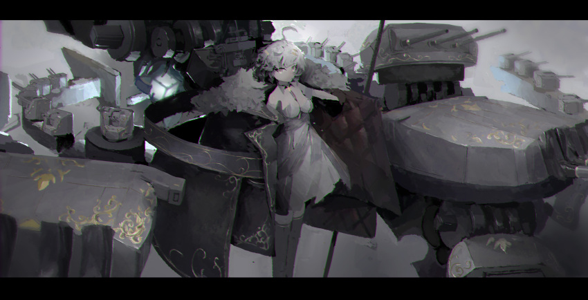 1girl absurdres artillery azur_lane bourgogne_(world_of_warships) breasts chromatic_aberration coat dress feet_out_of_frame fur-trimmed_coat fur_trim gold gold_trim grey_dress grey_legwear greyscale highres holding looking_at_viewer medium_breasts mental_cube_(azur_lane) monochrome open_clothes open_coat painting personification rigging short_hair sleeveless sleeveless_dress slit_pupils solo strapless strapless_dress thigh-highs world_of_warships xiaoheiya zettai_ryouiki
