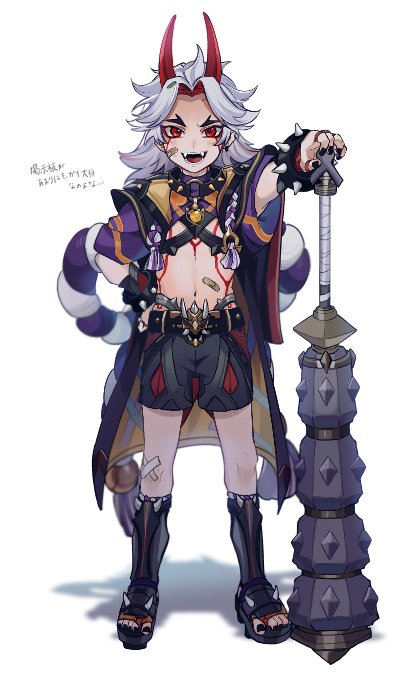 1boy absurdres arataki_itto bandaid bandaid_on_face bandaid_on_leg bandaid_on_stomach belt bishounen child club_(weapon) full_body genshin_impact highres horns japanese_clothes male_focus nakura_hakuto oni oni_horns red_horns sandals shorts simple_background solo tattoo thighs vision_(genshin_impact) weapon white_background