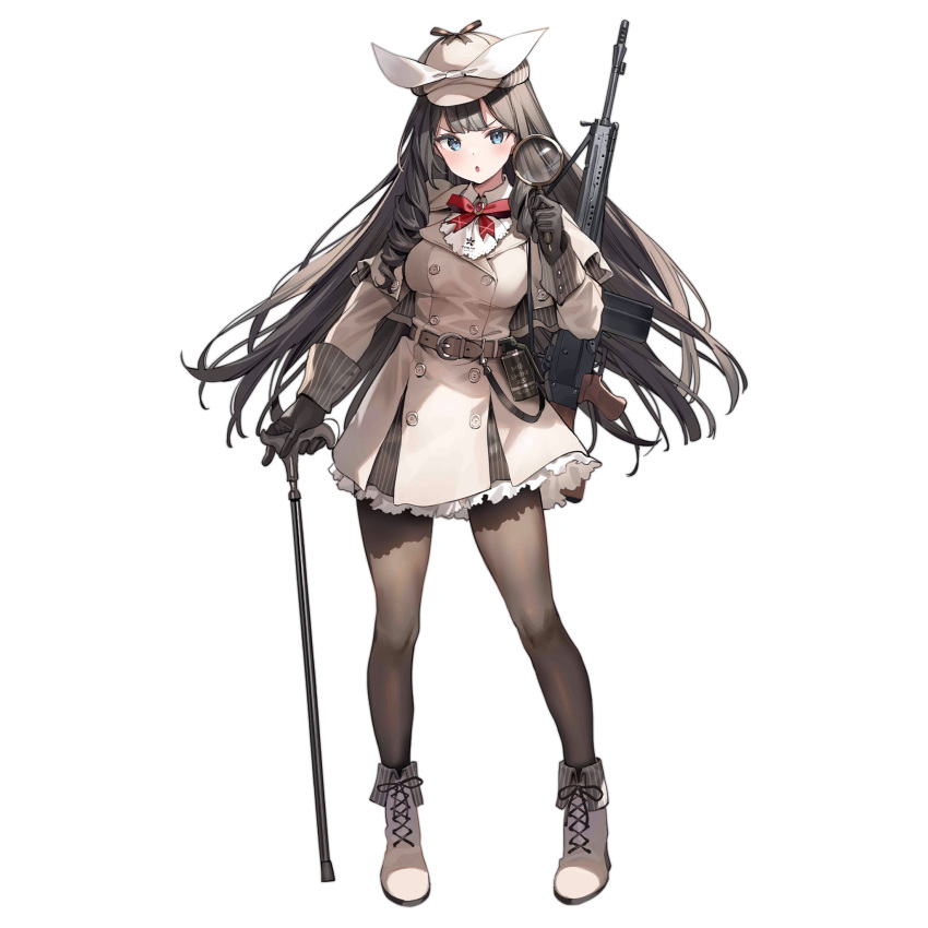 1girl ascot banned_artist battle_rifle beige_coat belt belt_buckle black_gloves blue_eyes bow bowtie brooch brown_hair brown_legwear buckle cabbie_hat cane coat drill_hair drill_locks full_body girls_frontline gloves gun hat hat_bow highres holding holding_magnifying_glass howa_type_64 howa_type_64_(a_job_that_doesn't_suit_her)_(girls'_frontline) howa_type_64_(girls'_frontline) jewelry lace_trim long_hair m18_grenade magnifying_glass official_alternate_costume official_art pantyhose parsley-f parted_lips rifle rifle_on_back side-seamed_gloves sidelocks smoke_grenade solo strap transparent_background trench_coat tsurime very_long_hair weapon white_bow white_footwear