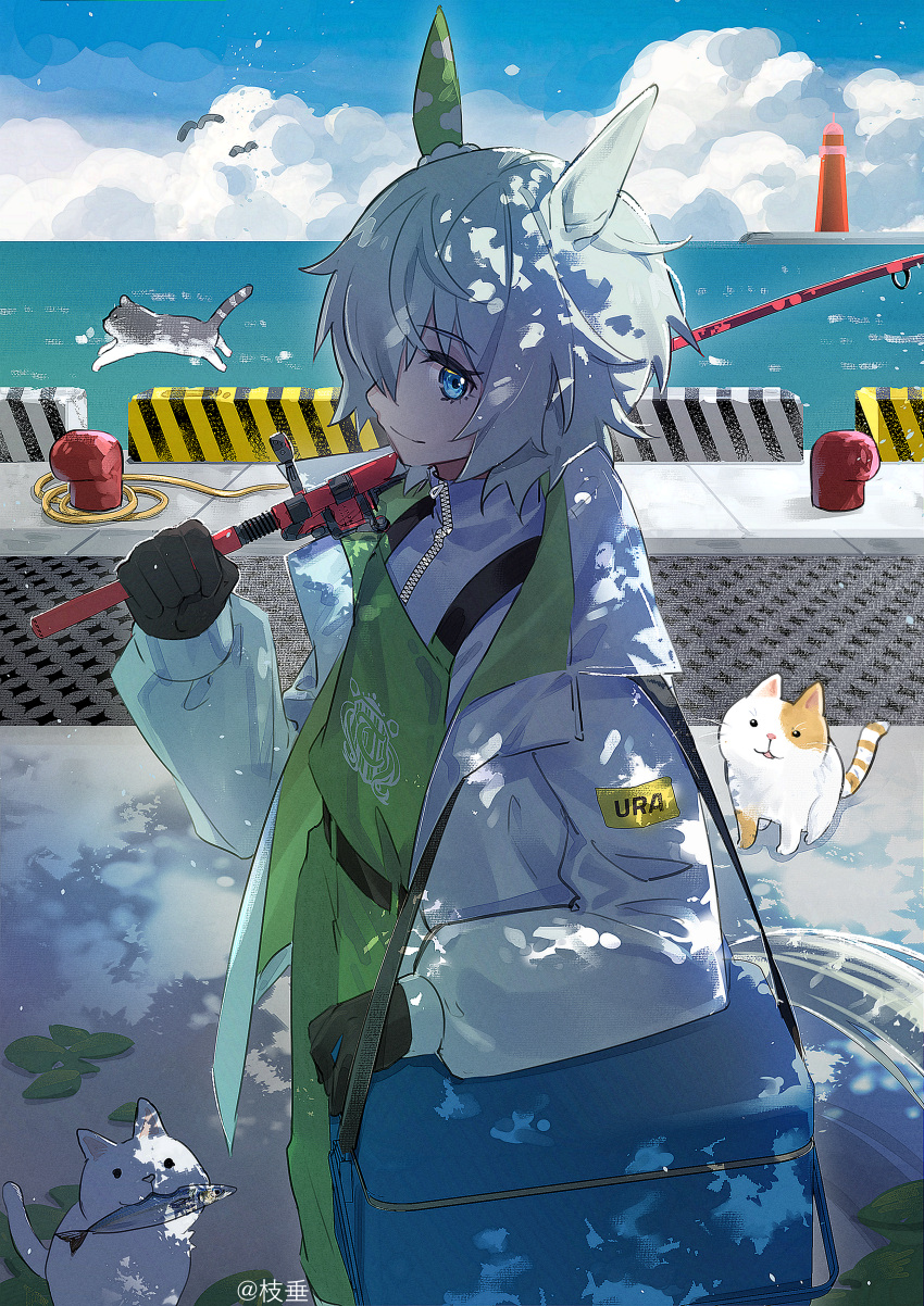 1girl absurdres animal_ears artist_name bangs bird black_gloves blue_eyes cat_ears closed_mouth clouds cooler day dock fishing_rod gloves green_overalls grey_hair highres horizon horse_ears horse_girl horse_tail jacket lighthouse long_sleeves looking_at_viewer ocean outdoors overalls pier seiun_sky_(umamusume) shidare_(youh4016) short_hair sideways_mouth smile solo standing tail turtleneck umamusume white_jacket