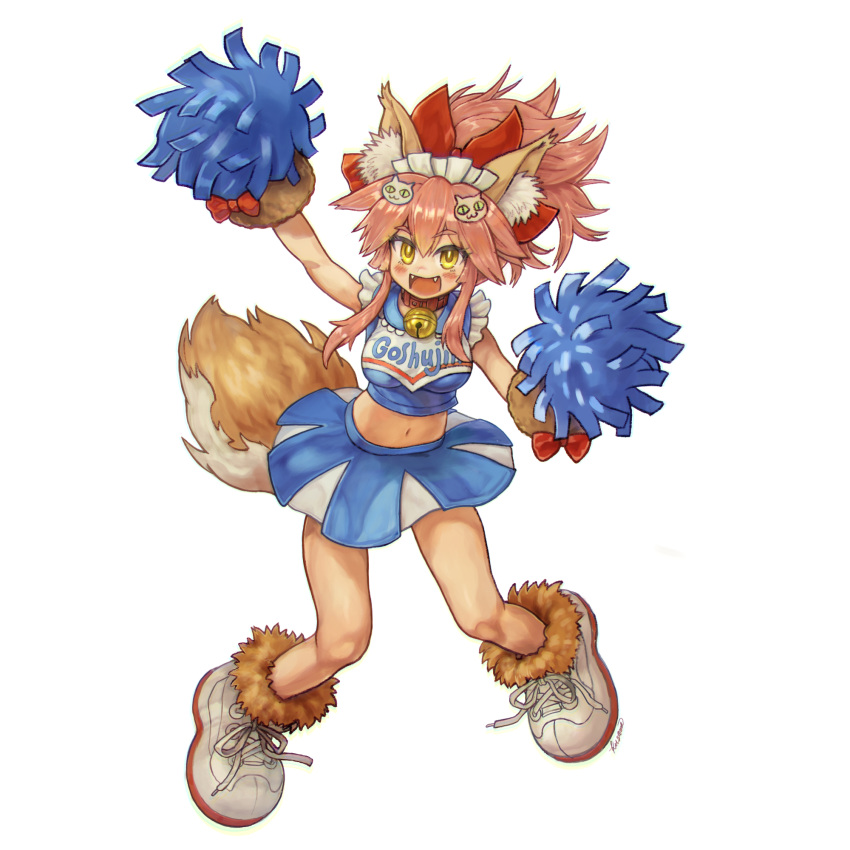 1girl animal_ear_fluff animal_ears animal_hands arm_up armpits bell blush breasts cat_paws cheering cheerleader clothes_writing collar crop_top crop_top_overhang eyebrows_visible_through_hair fangs fate/grand_order fate_(series) fox_ears fox_girl fox_tail gloves hair_ornament hair_ribbon hairclip highres holding holding_pom_poms jingle_bell kusama_takato large_breasts long_hair looking_at_viewer midriff miniskirt navel neck_bell open_mouth paw_gloves paw_shoes pink_hair pleated_skirt pom_pom_(cheerleading) ponytail red_ribbon ribbon shirt simple_background skirt sleeveless sleeveless_shirt smile solo tail tamamo_(fate) tamamo_cat_(fate) white_background yellow_eyes