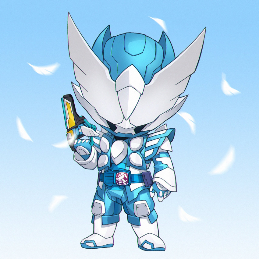 1boy blue_armor blue_background bodysuit boots chibi compound_eyes feathers green_background grey_bodysuit gun handgun highres holy_live kamen_rider kamen_rider_live kamen_rider_revice livegun male_focus onion_maru pistol two_sidriver upper_body weapon white_eyes white_footwear wing_genome wings