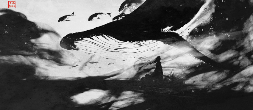 1girl absurdres animal dress fantasy fish floating_hair flying_fish flying_whale from_side grass greyscale highres ink_wash_painting long_hair monochrome ocean original outdoors ripples scenery school_of_fish silhouette sky skyrick9413 smoke standing whale