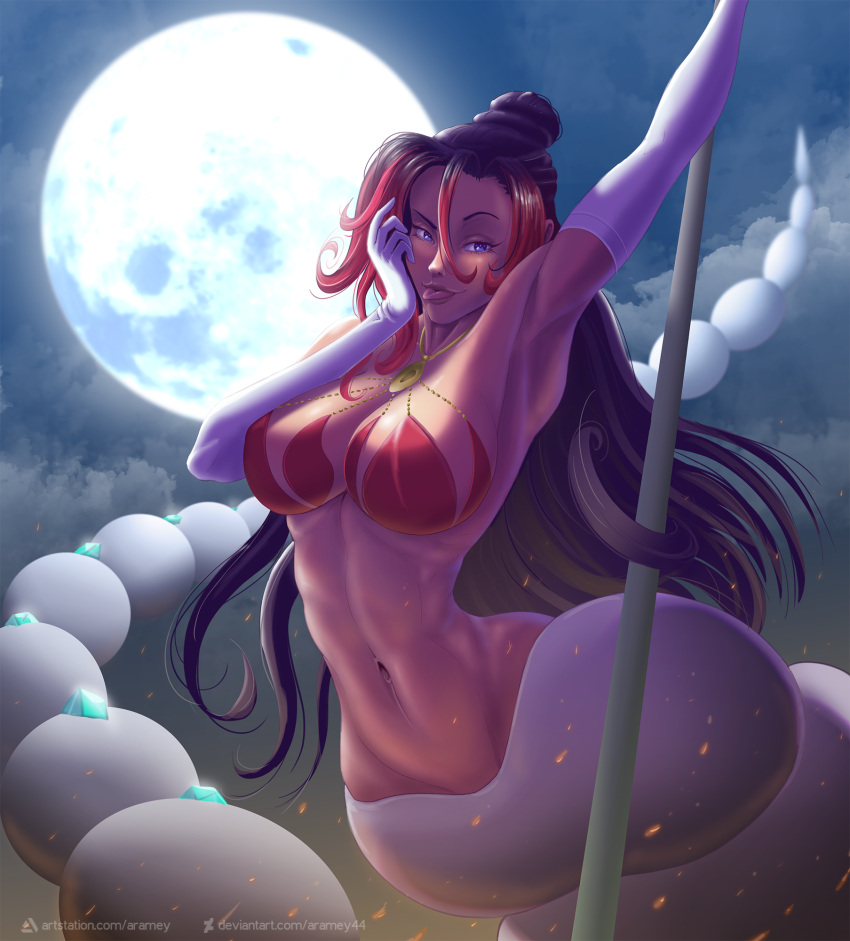 1girl :p abs aramey arm_up armpits bangs bare_shoulders bikini bikini_top_only black_hair blue_eyes breasts clouds cloudy_sky collarbone commentary dark-skinned_female dark_skin elbow_gloves full_moon gloves groin hair_between_eyes hair_bun halterneck hand_on_own_cheek hand_on_own_face highres holding holding_pole kono_subarashii_sekai_ni_shukufuku_wo! kono_subarashii_sekai_ni_shukufuku_wo!:_kurenai_densetsu lamia large_breasts long_hair looking_at_viewer monster_girl moon multicolored_hair navel night night_sky outdoors pole red_bikini redhead sidelocks sky smile solo spoilers stomach swimsuit sylvia_(konosuba) tongue tongue_out web_address white_gloves