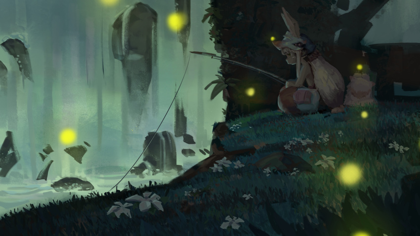 1other animal_ears cowltori dark_skin fireflies fishing_rod flower grass highres holding holding_fishing_rod long_hair made_in_abyss mitty_(made_in_abyss)_(furry) nanachi_(made_in_abyss) night outdoors pouch profile rock scenery sitting tree water waterfall white_hair