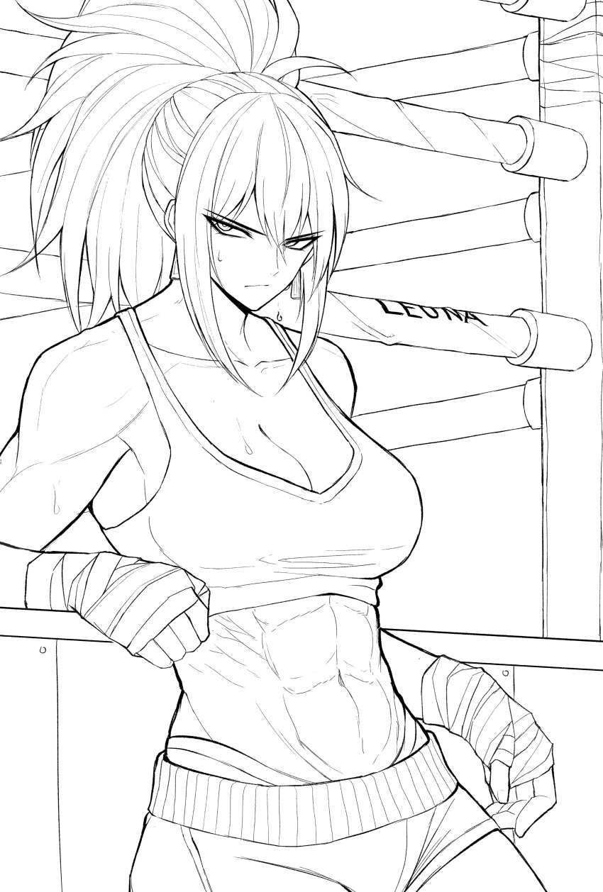 1girl abs absurdres alternate_costume armpits bandaged_hand bandages bare_shoulders character_name closed_mouth highres leona_heidern lineart monochrome muscular muscular_female navel no_bra ponytail shorts solo sports_bra the_king_of_fighters yones81239278