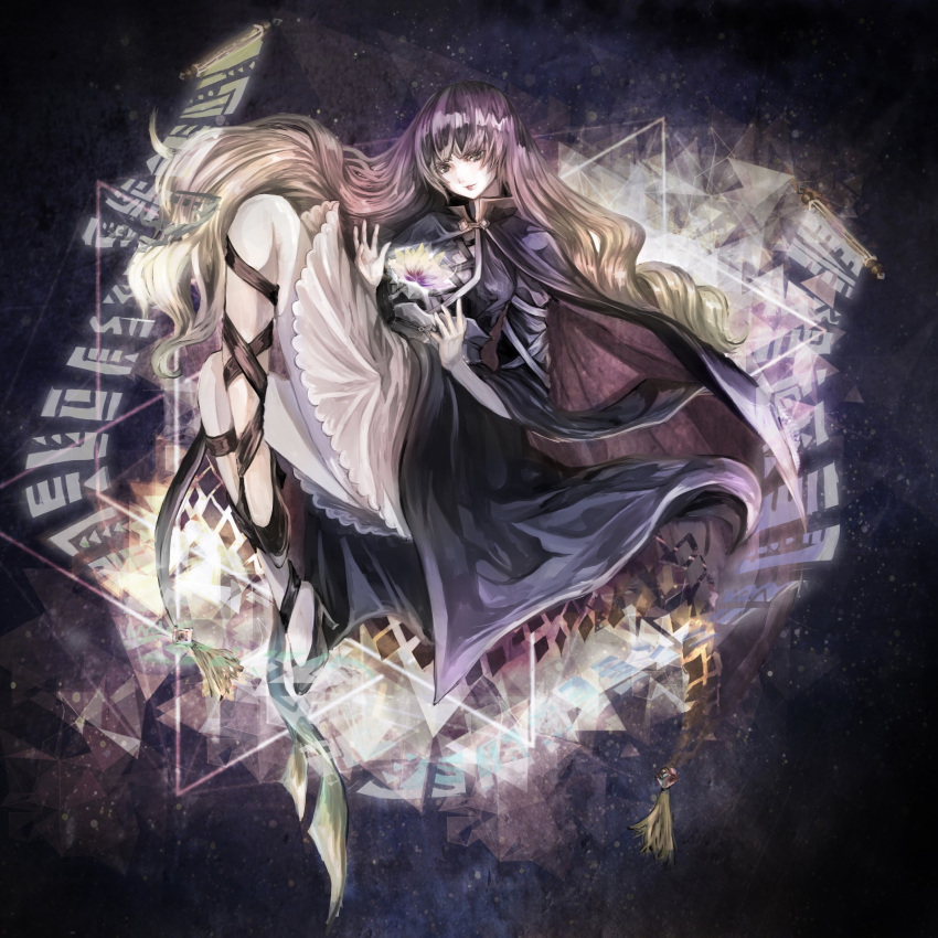 1girl album_cover aoumikoke black_cape black_footwear black_jacket black_ribbon blonde_hair cape closed_mouth commentary cover flower full_body gradient_hair highres hijiri_byakuren jacket knees_up leg_ribbon lips long_hair long_sleeves looking_at_viewer lotus multicolored_hair open_clothes open_hands open_jacket purple_hair ribbon shirt shoes skirt smile solo sorcerer's_sutra_scroll touhou white_shirt white_skirt wide_sleeves yellow_eyes