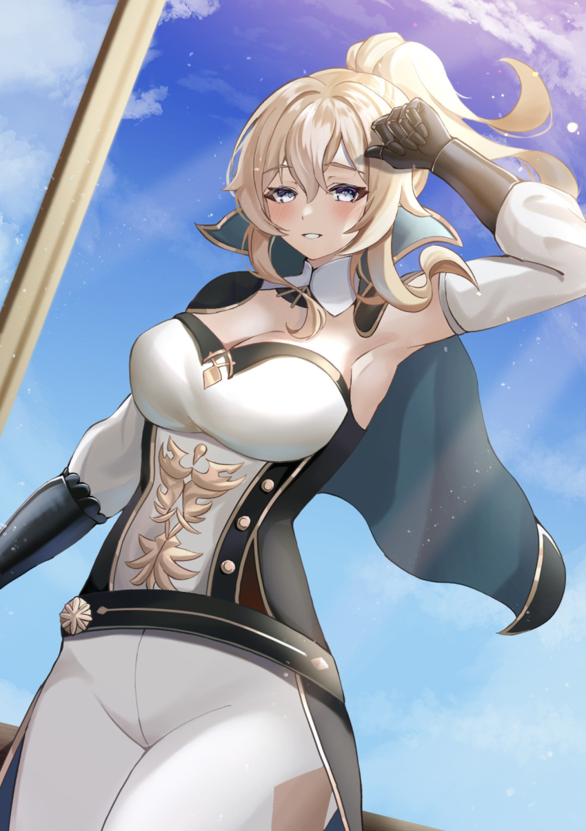 1girl arm_up armpits bangs black_gloves blonde_hair blue_eyes blue_sky blush capelet clouds commentary_request cowboy_shot day detached_sleeves genshin_impact gloves hair_between_eyes highres jean_(genshin_impact) leggings long_hair outdoors pants ponytail shirt sky solo soukoku standing strapless strapless_shirt white_pants