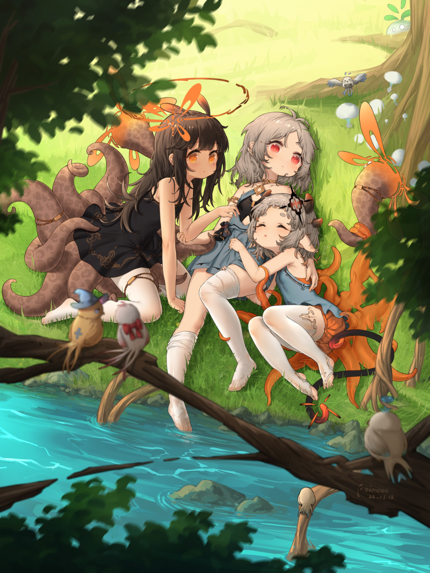 3girls absurdres animal_ears antenna_hair bare_arms bird black_dress blue_dress blush bridal_gauntlets brown_eyes brown_hair closed_eyes day dress full_body grass halo heart heart-shaped_pupils highres horns koebushi_(mat) looking_at_another lying mole mole_under_eye monster_girl multiple_girls multiple_horns no_shoes on_back original outdoors pantyhose parted_lips pointy_ears red_eyes river short_eyebrows silver_hair sitting sleeveless sleeveless_dress symbol-shaped_pupils tentacles thick_eyebrows thigh-highs toeless_legwear tree water white_legwear