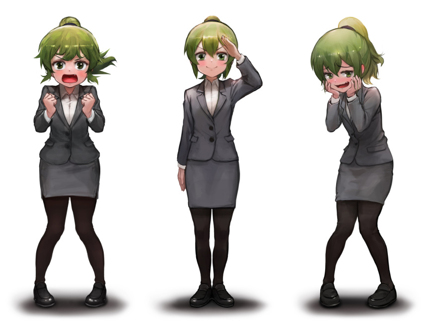 1girl absurdres arm_at_side bangs black_footwear black_legwear blush clenched_hands closed_mouth collared_shirt commentary_request fang green_hair hair_tie hands_up highres igarashi_futaba_(shiromanta) jacket long_sleeves looking_at_viewer multiple_views open_mouth pantyhose pigeon-toed ponytail salute senpai_ga_uzai_kouhai_no_hanashi shirt shoes skirt smile standing sterben tied_hair tongue white_background white_shirt