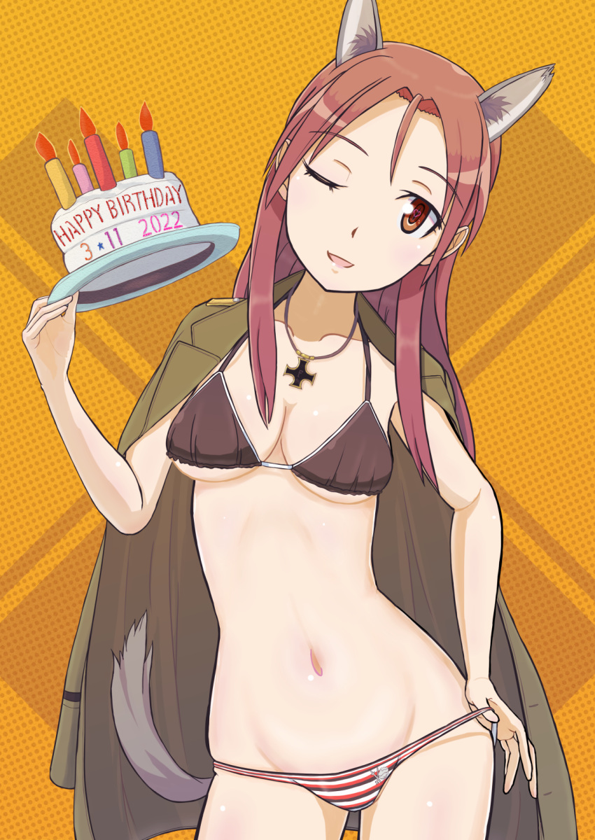 1girl animal_ears bikini birthday birthday_cake blush breasts cake collarbone dog_ears dog_tail eyebrows_visible_through_hair food hand_on_hip heart heart-shaped_pupils highres jewelry keicha_(kmoekaki) large_breasts long_hair military military_uniform minna-dietlinde_wilcke necklace one_eye_closed open_mouth red_eyes redhead shiny shiny_hair shiny_skin smile solo strike_witches swimsuit symbol-shaped_pupils tail uniform world_witches_series