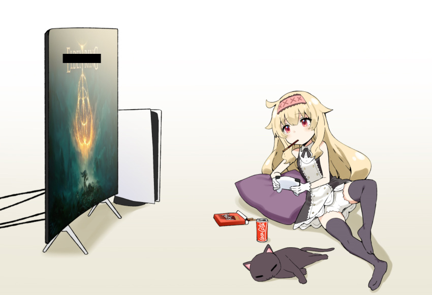 1girl absurdres bangs bar_censor bare_arms black_cat black_legwear blonde_hair cat censored coca-cola commentary_request controller dress elden_ring eyebrows_visible_through_hair food game_controller gloves hair_between_eyes hairband highres little_witch_nobeta long_hair nobeta official_art panties pillow playing_games pocky pocky_in_mouth red_eyes second-party_source sky-freedom sleeveless sleeveless_dress solo thigh-highs underwear white_gloves white_panties