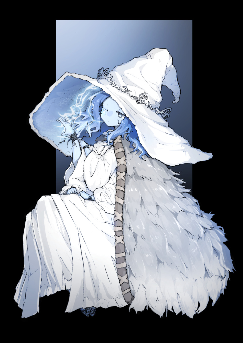 1girl absurdres barefoot blue_eyes blue_hair blue_skin cape colored_skin crack cracked_skin dress elden_ring extra_arms extra_faces fukutchi fur_cape glowing glowing_tattoo hat highres jewelry one_eye_closed ranni_the_witch ring sitting solo spoilers witch witch_hat