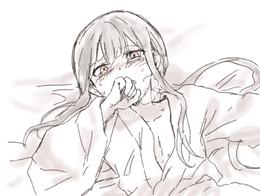 1boy bangs bed_sheet blush collarbone eyebrows_visible_through_hair fate/grand_order fate_(series) hair_between_eyes hand_to_own_mouth heavy_breathing japanese_clothes kimono koha-ace long_hair long_sleeves looking_at_viewer lying male_focus monochrome nose_blush oda_nobukatsu_(fate) on_back parted_lips red_eyes sketch solo tachitsu_teto tears upper_body very_long_hair wide_sleeves