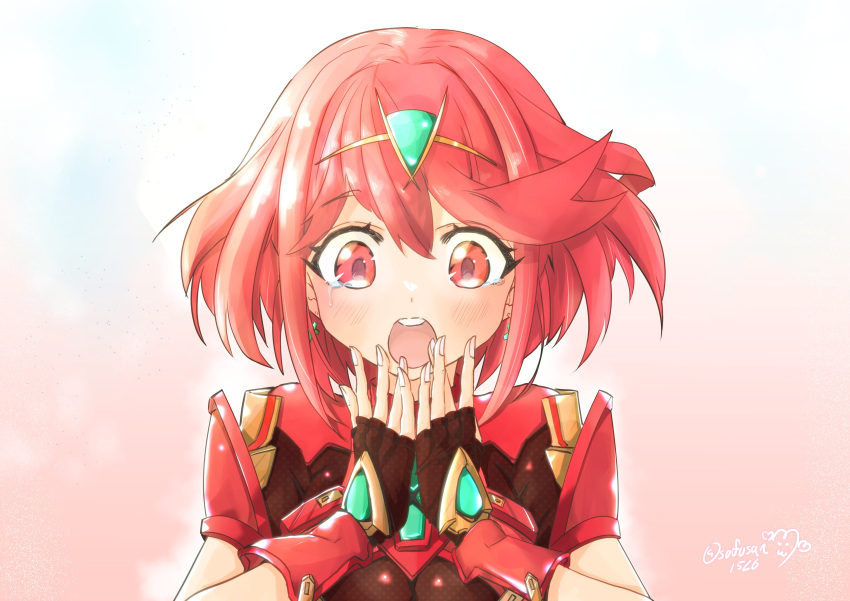 1girl absurdres bangs black_gloves breasts chest_jewel earrings fingerless_gloves gem gloves highres jewelry large_breasts pyra_(xenoblade) red_eyes redhead short_hair short_shorts shorts sofusan1526 solo swept_bangs tiara white_day xenoblade_chronicles_(series) xenoblade_chronicles_2