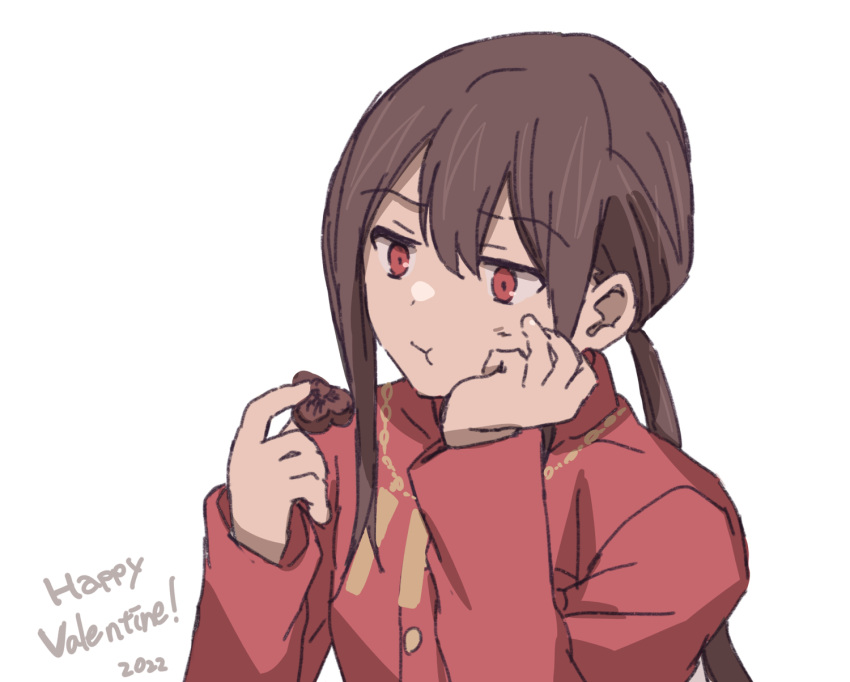 1boy 2022 :t bangs brown_hair chocolate closed_mouth eating eyebrows_visible_through_hair fate/grand_order fate_(series) food hair_between_eyes happy_valentine highres holding holding_food koha-ace long_hair long_sleeves low_ponytail male_focus oda_nobukatsu_(fate) ponytail red_eyes red_shirt shirt simple_background solo tachitsu_teto upper_body white_background