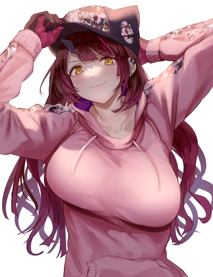 1girl aonaga_heri arm_behind_head arms_up bangs baseball_cap black_headwear blush breasts brown_gloves brown_hair closed_mouth ear_piercing eyebrows_visible_through_hair gloves hand_on_headwear hat highres hololive hood hoodie horns huge_breasts long_sleeves looking_at_viewer multicolored_hair piercing pink_hair pink_hoodie roboco-san simple_background single_horn smile solo streaked_hair unaligned_breasts upper_body virtual_youtuber white_background yellow_eyes