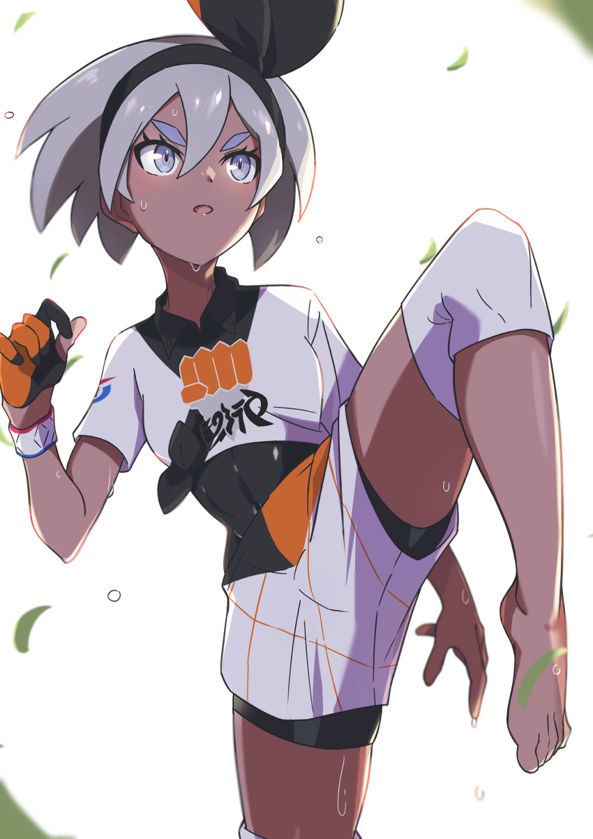 1girl absurdres bangs barefoot bea_(pokemon) black_bodysuit black_hairband bodysuit bodysuit_under_clothes bow_hairband collared_shirt commentary_request dark_skin dynamax_band gloves grey_eyes grey_hair hair_between_eyes hairband highres knee_pads leaves_in_wind leg_up open_mouth partially_fingerless_gloves pokemon pokemon_(game) pokemon_swsh print_shirt print_shorts shirt short_hair short_sleeves shorts showhey!! single_glove solo sweat toes white_background