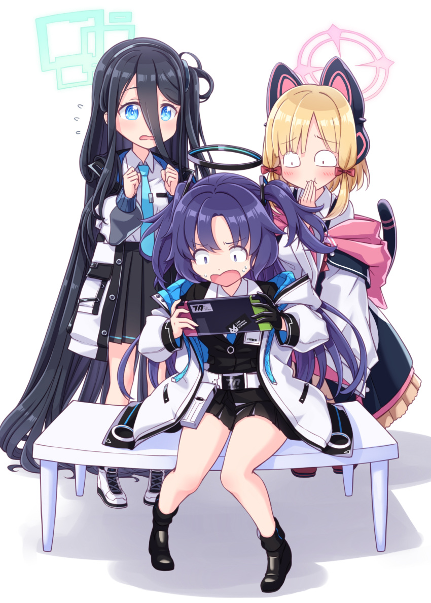 3girls :t arisu_(blue_archive) bangs black_footwear black_gloves black_hair black_skirt black_vest blonde_hair blue_archive blue_eyes blue_necktie blush boots closed_mouth collared_shirt commentary_request eyebrows_visible_through_hair flying_sweatdrops gloves hair_between_eyes halo harada_(sansei_rain) highres holding jacket knees_together_feet_apart long_hair long_sleeves momoi_(blue_archive) multiple_girls necktie nintendo_switch off_shoulder on_bench open_clothes open_jacket open_mouth pleated_skirt puffy_long_sleeves puffy_sleeves purple_hair ringed_eyes shadow shirt single_glove sitting skirt standing two_side_up very_long_hair vest wavy_mouth white_background white_footwear white_jacket white_shirt yuuka_(blue_archive)