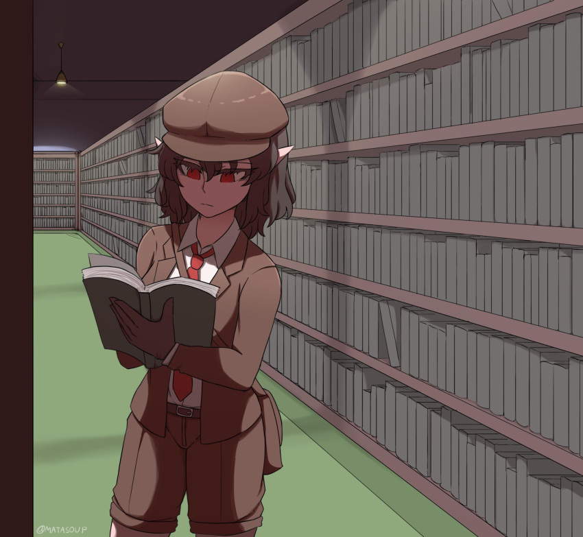 bag belt book brown_belt brown_hair brown_headwear brown_jacket brown_shorts cabbie_hat collared_shirt commentary_request flat_cap hat highres holding holding_book jacket library long_sleeves mata_(matasoup) messenger_bag necktie no_wings pointy_ears red_eyes red_necktie shameimaru_aya shameimaru_aya_(newsboy) shirt shorts shoulder_bag standing suit_jacket touhou white_shirt